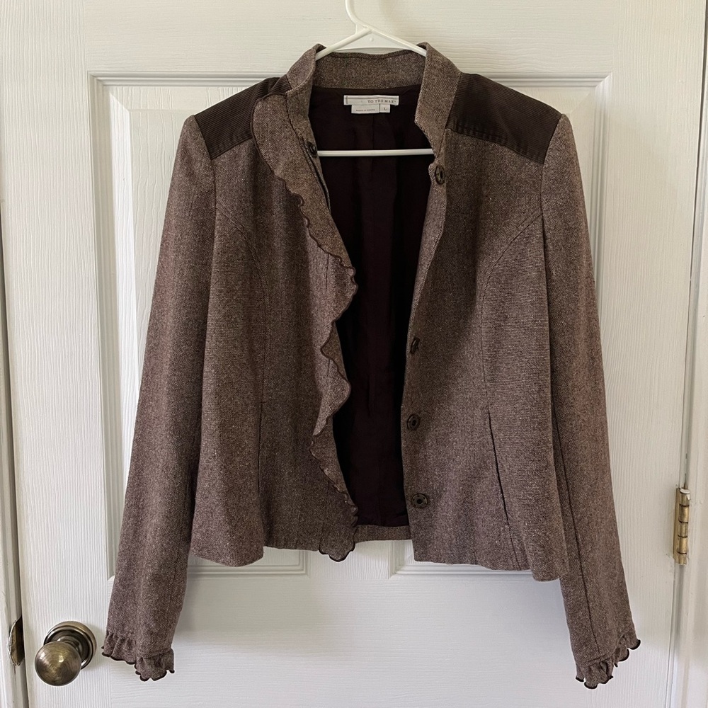 To The Max Brown Ruffle Front Blazer